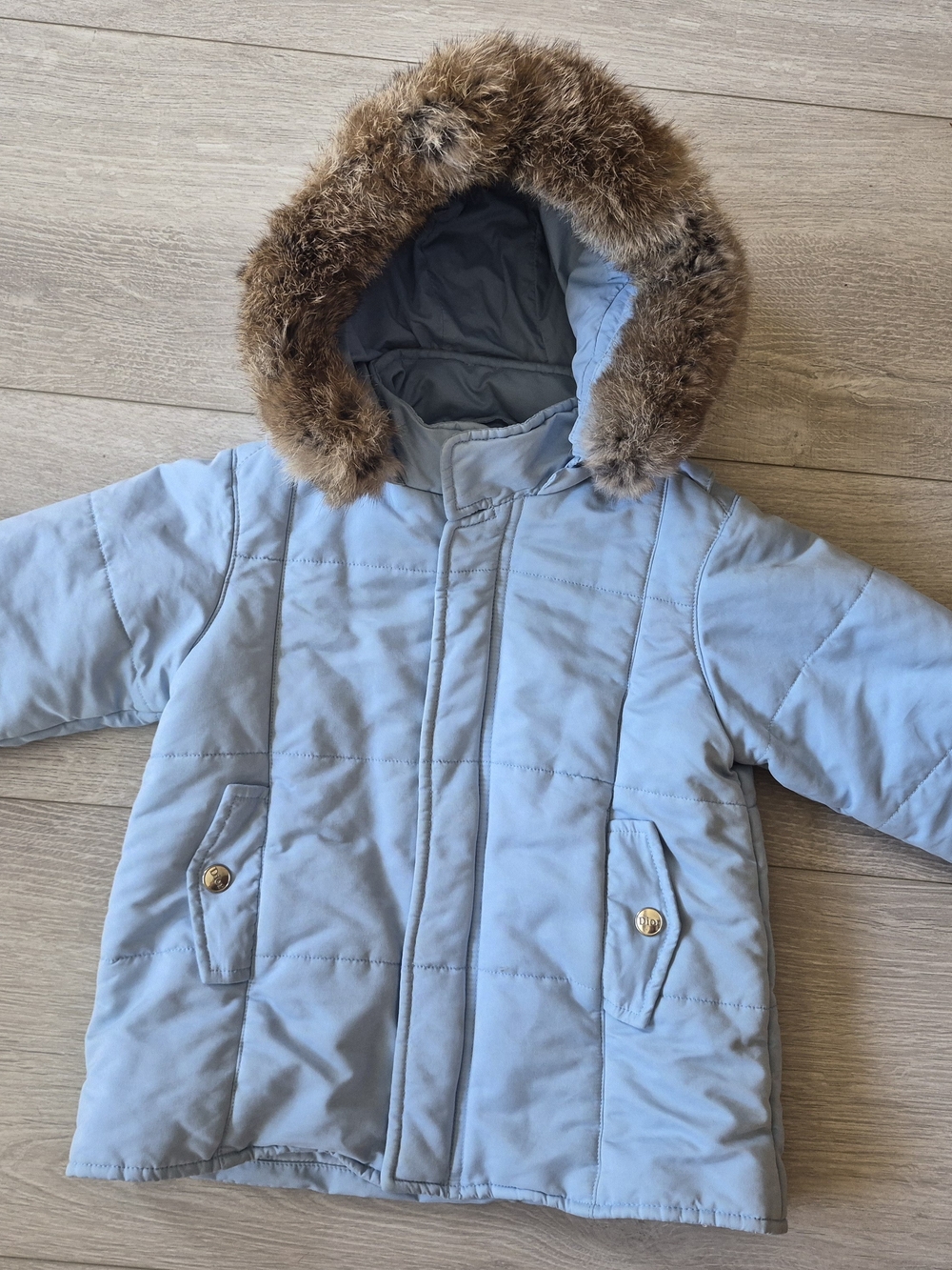 Kids Light Blue Puffer Jacket with Faux Fur Hood